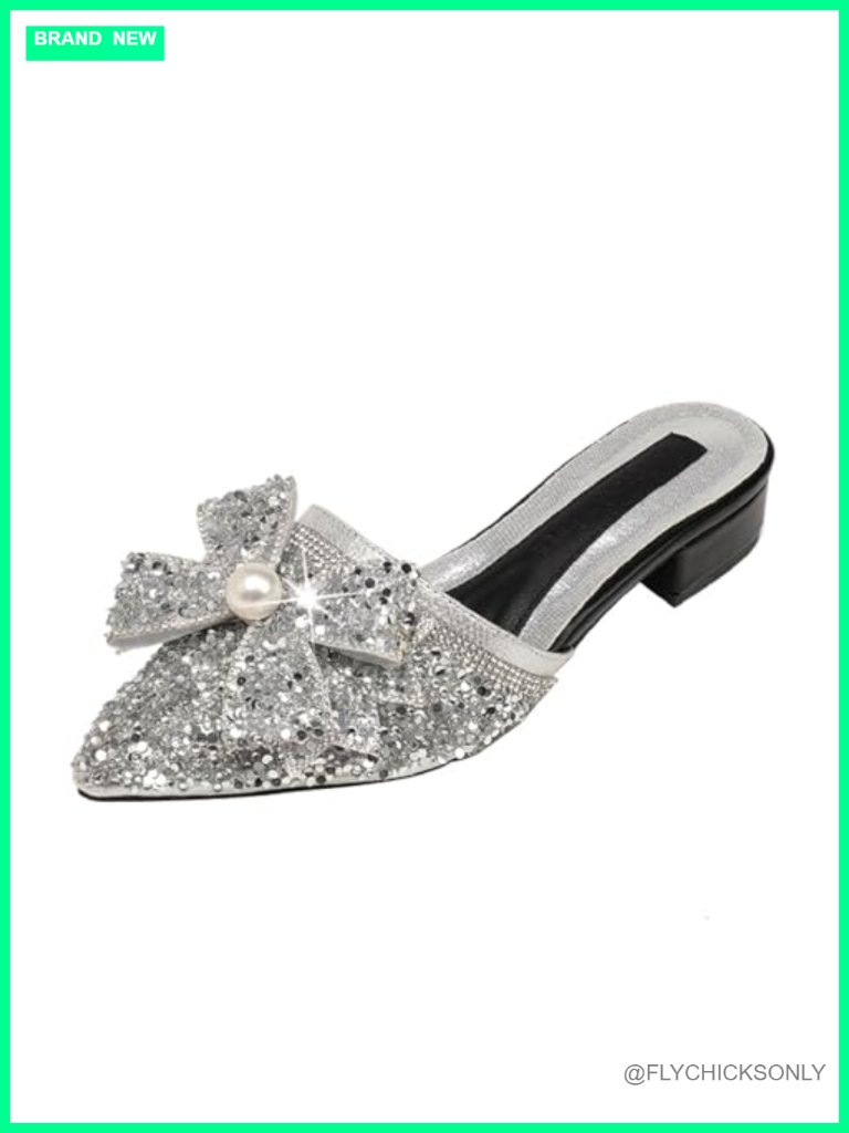 Pearl Rhinestone Bow Low Heels Mules Glitter Pointed Toe Block Heel Backless